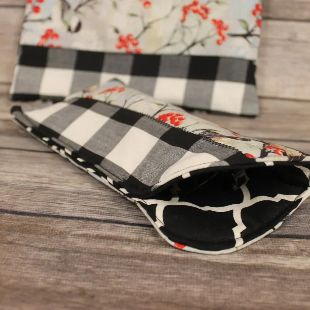 Robin Printed Black & White Buffalo Check Berries Zippered Pouch & Sunglass Case